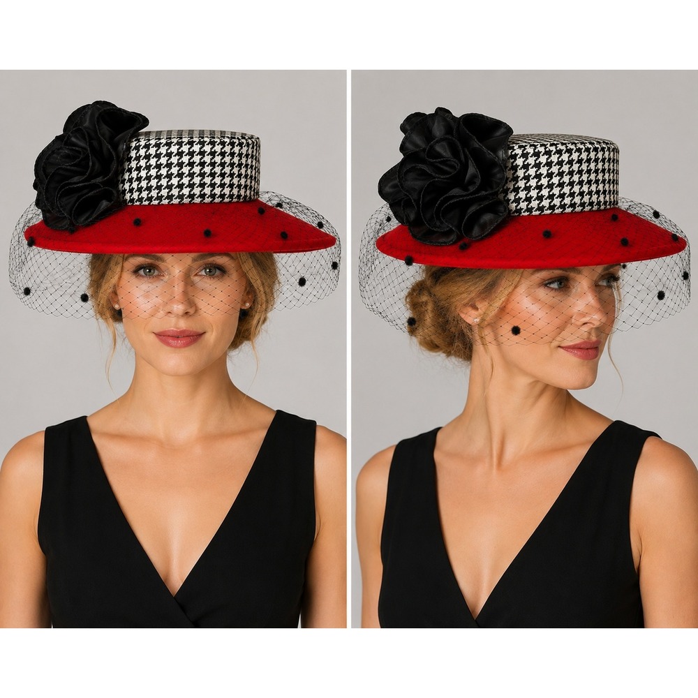 Sonni San Francisco Vintage Red Wool Houndstooth Rosette Veil Pillbox Hat USA